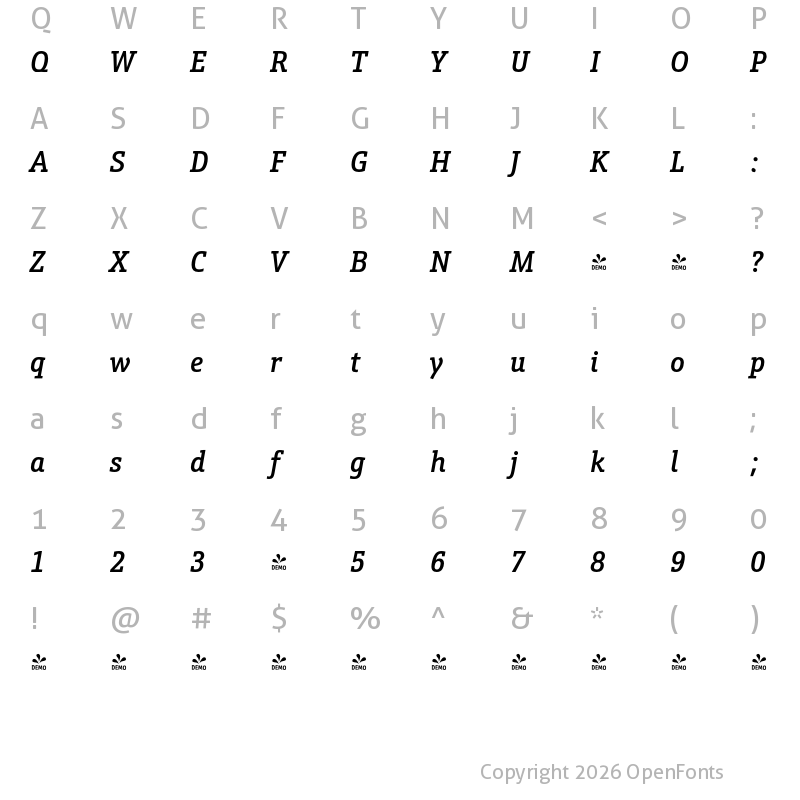 Character Map of FONTSPRING DEMO - Schnebel Slab Pro Cond Medium Italic
