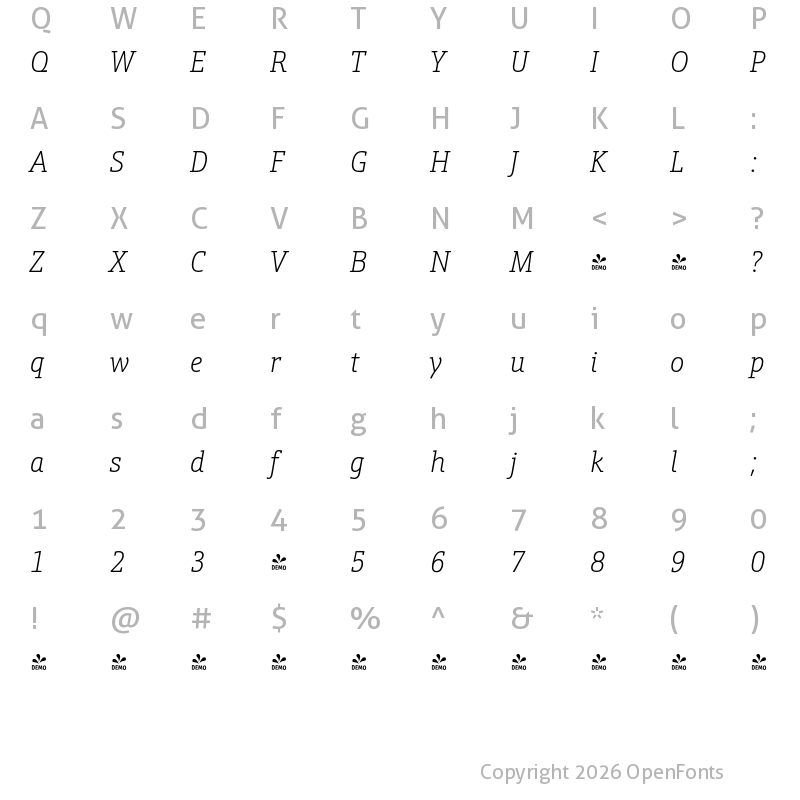 Character Map of FONTSPRING DEMO - Schnebel Slab Pro Cond Thin Italic