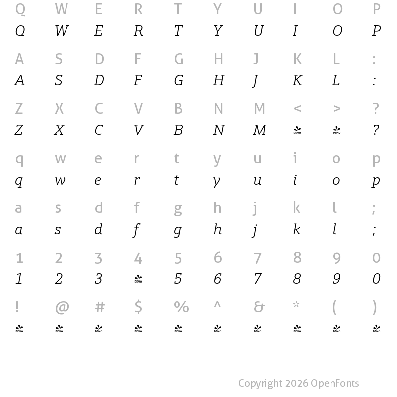 Character Map of FONTSPRING DEMO - Schnebel Slab Pro Light Italic