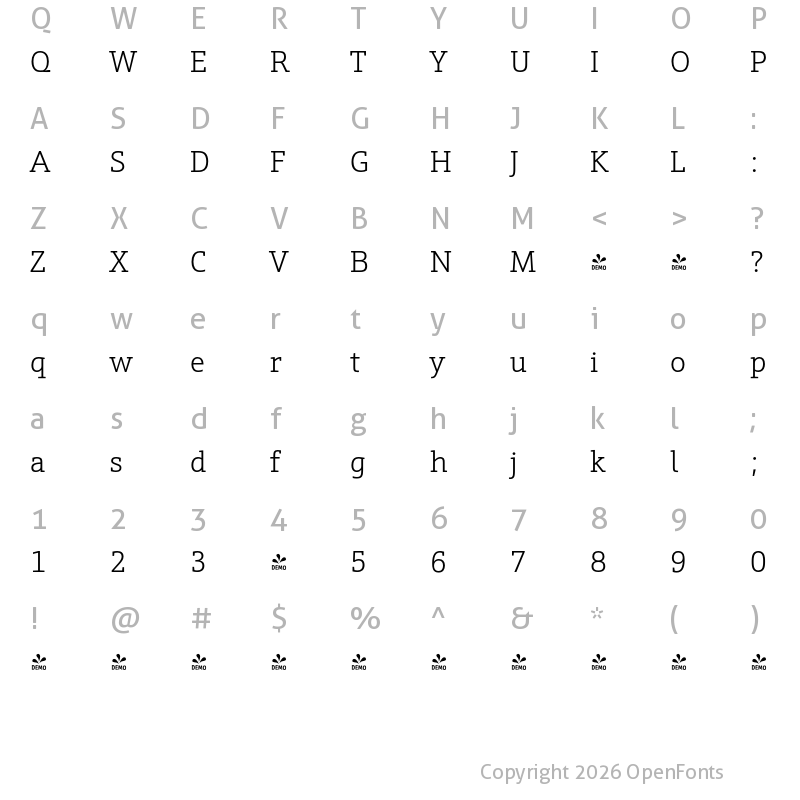 Character Map of FONTSPRING DEMO - Schnebel Slab Pro Light Regular