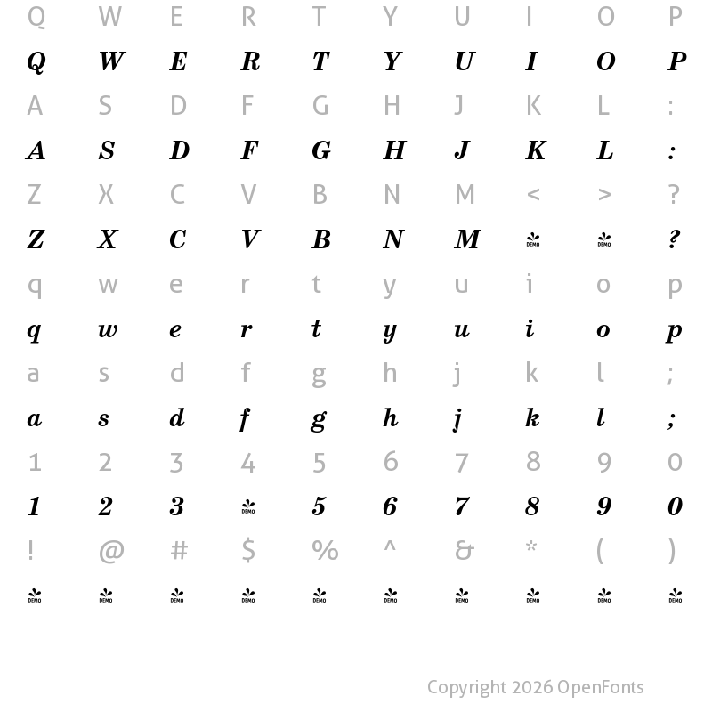Character Map of FONTSPRING DEMO - SchoolBook Bold Italic
