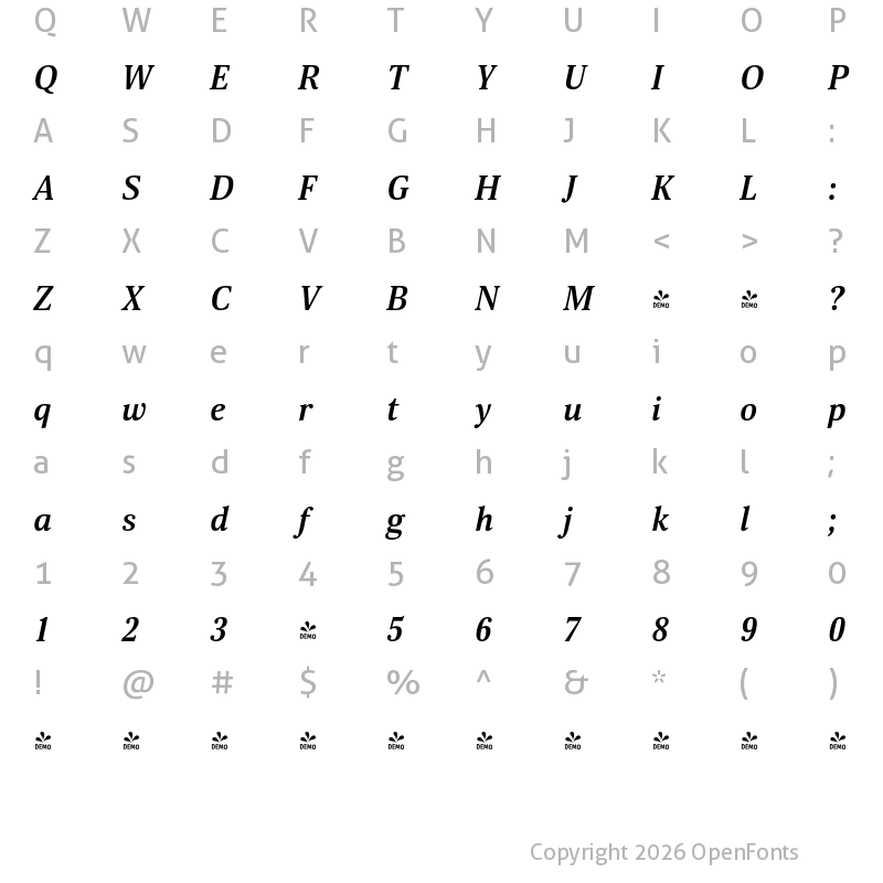 Character Map of FONTSPRING DEMO - Scientia Bold Italic
