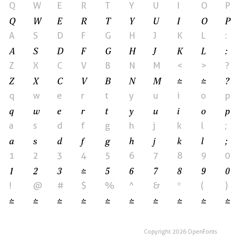 Character Map of FONTSPRING DEMO - Scientia Medium Italic