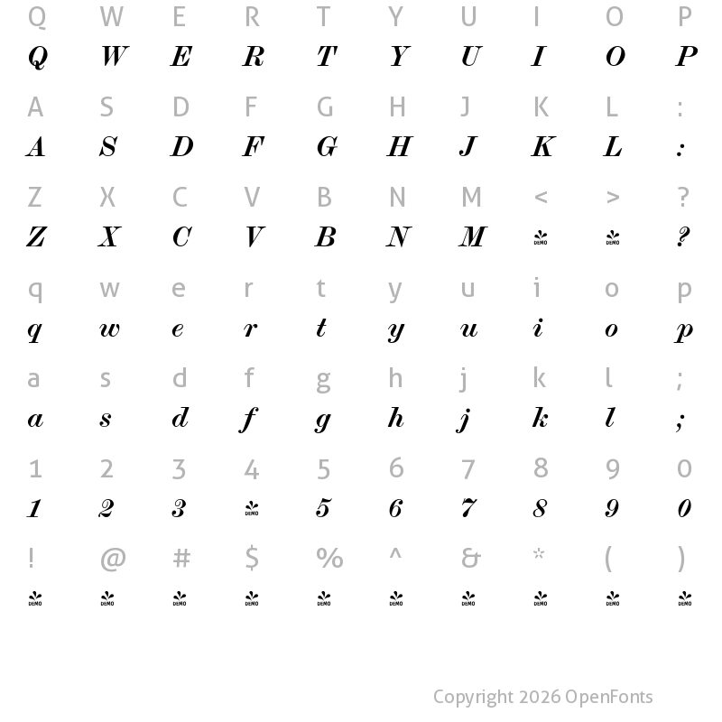 Character Map of FONTSPRING DEMO - Scotch Modern Bold Italic