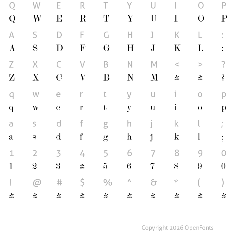 Character Map of FONTSPRING DEMO - Scotch Modern Display Regular