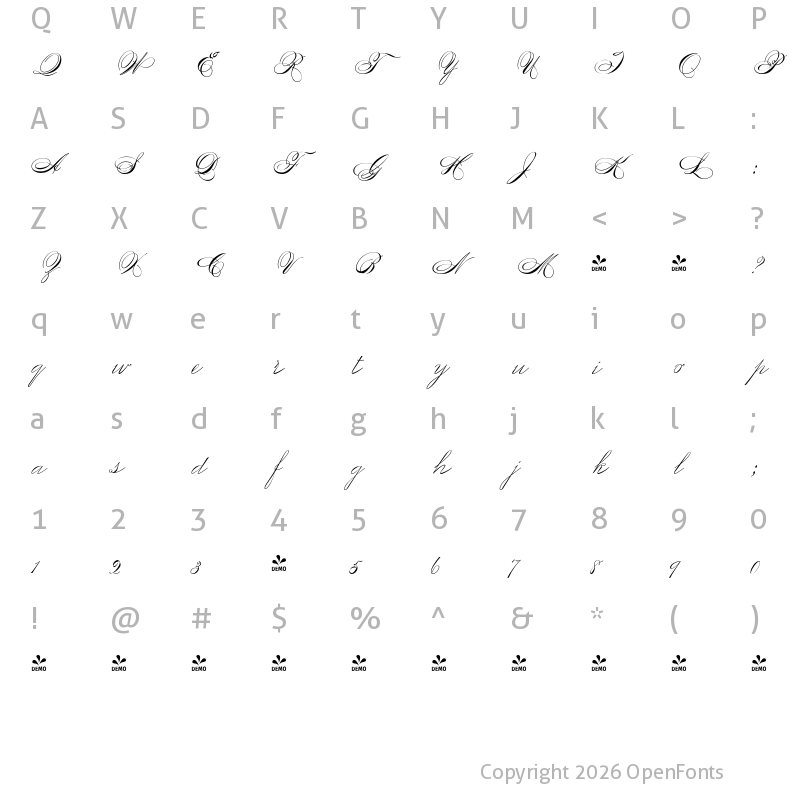 Character Map of FONTSPRING DEMO - Scriptofino Light