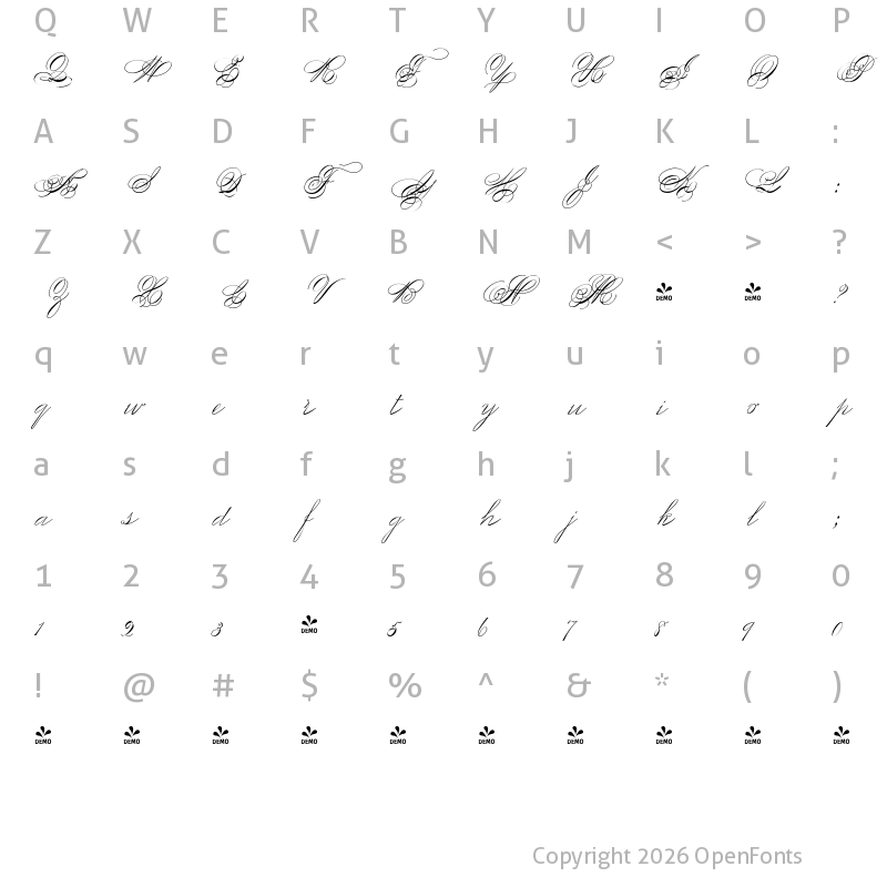 Character Map of FONTSPRING DEMO - ScriptofinoPlusTwo Light