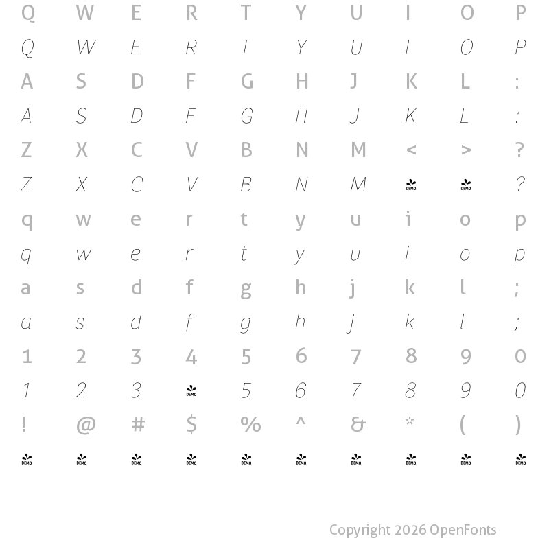 Character Map of FONTSPRING DEMO - Segaon Soft Thin Italic