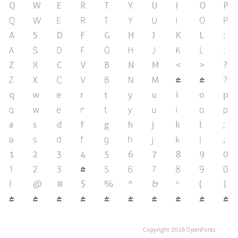Character Map of FONTSPRING DEMO - Segaon Soft Thin Regular