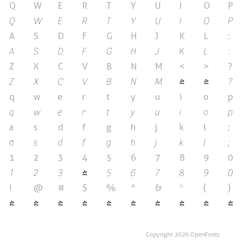 Character Map of FONTSPRING DEMO - Segaon Thin Italic