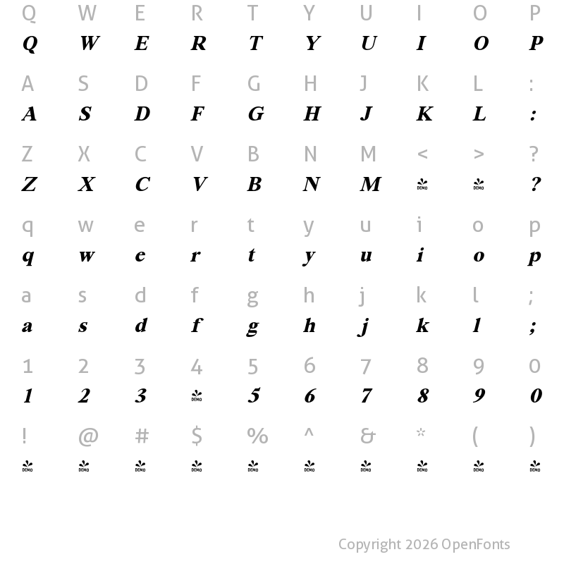 Character Map of FONTSPRING DEMO - Segikan ExtBd Italic