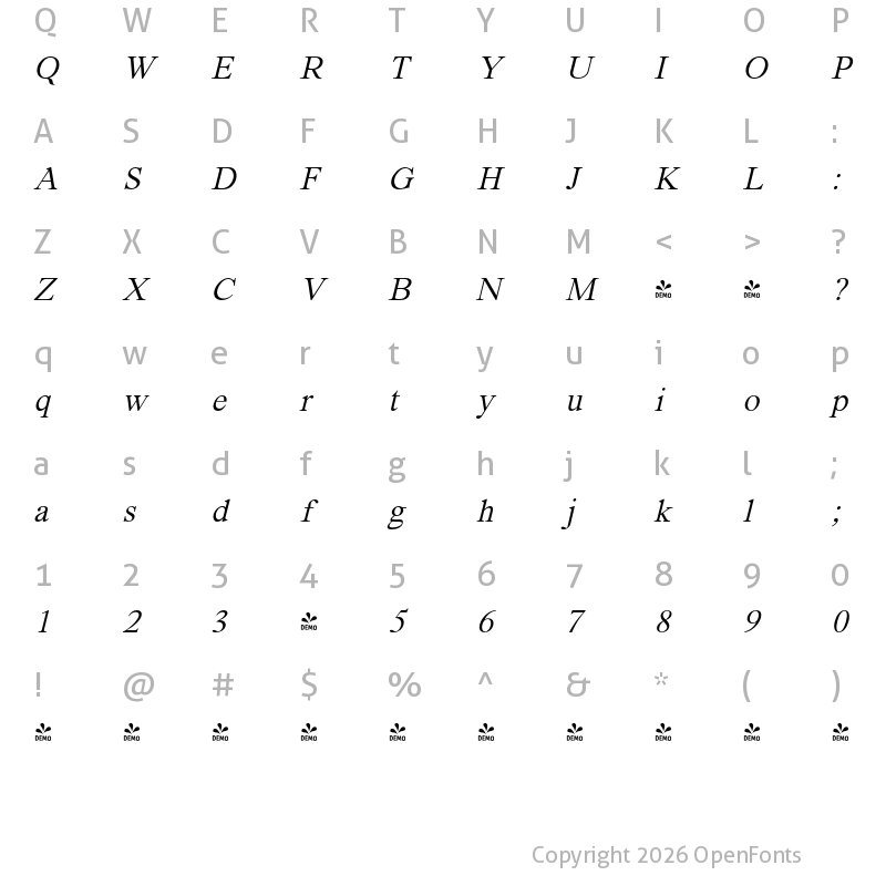 Character Map of FONTSPRING DEMO - Segikan Light Italic