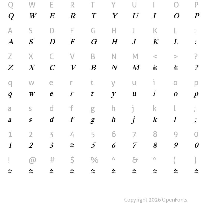 Character Map of FONTSPRING DEMO - Segikan Med Italic