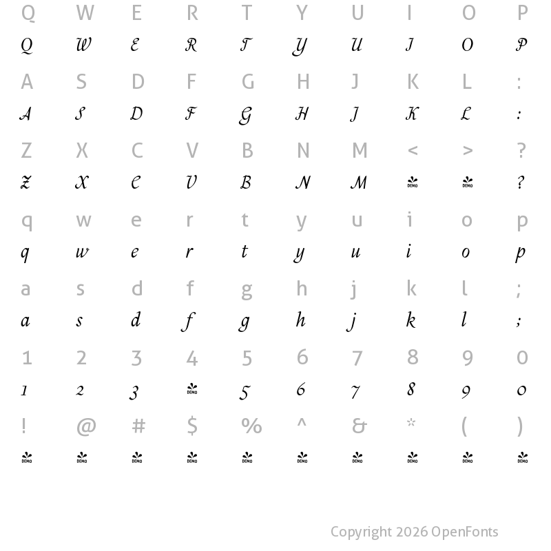Character Map of FONTSPRING DEMO - Sekhmet Italic