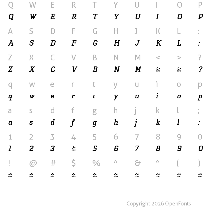 Character Map of FONTSPRING DEMO - Selektor Slab Bold Itlaic Regular
