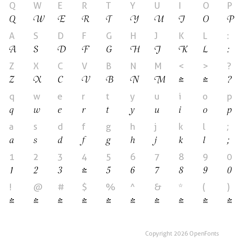 Character Map of FONTSPRING DEMO - Selina Calligraphic Regular