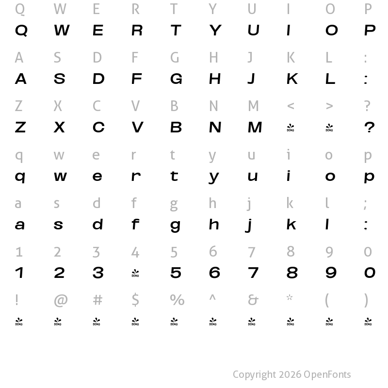 Character Map of FONTSPRING DEMO - SemBd ExtExp SeObli Italic