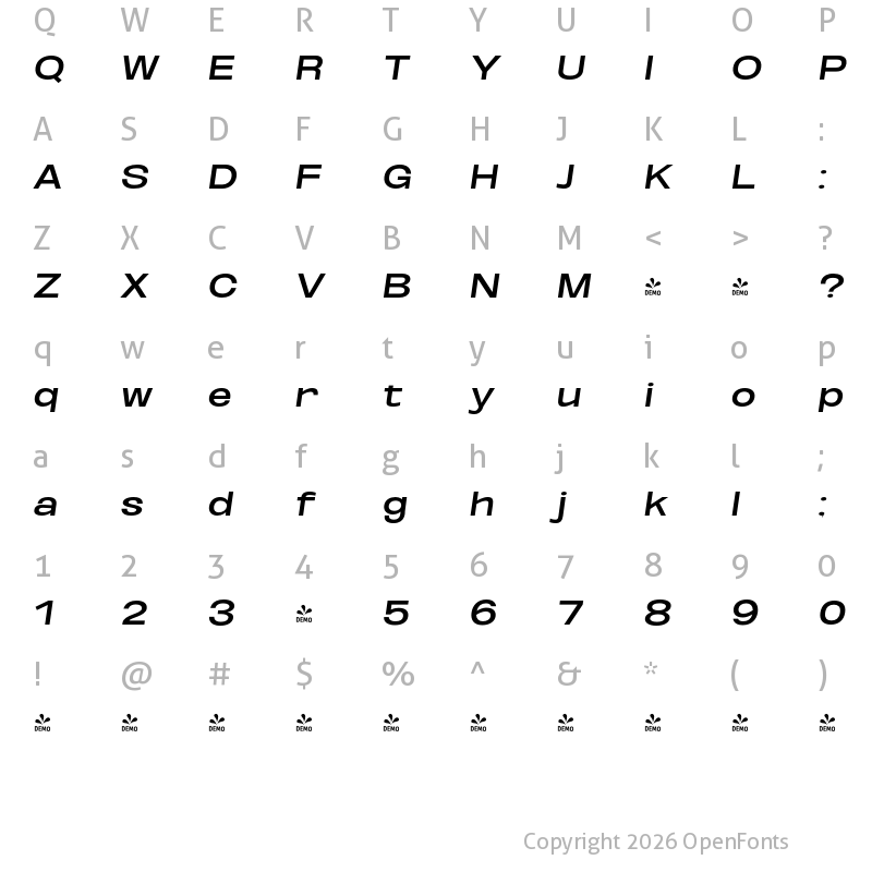 Character Map of FONTSPRING DEMO - SemBd UltExp Obli Italic