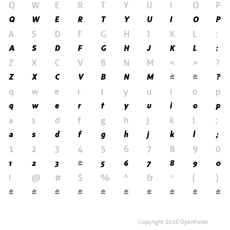 Character Map of FONTSPRING DEMO - Sense ExtraBold Italic Regular