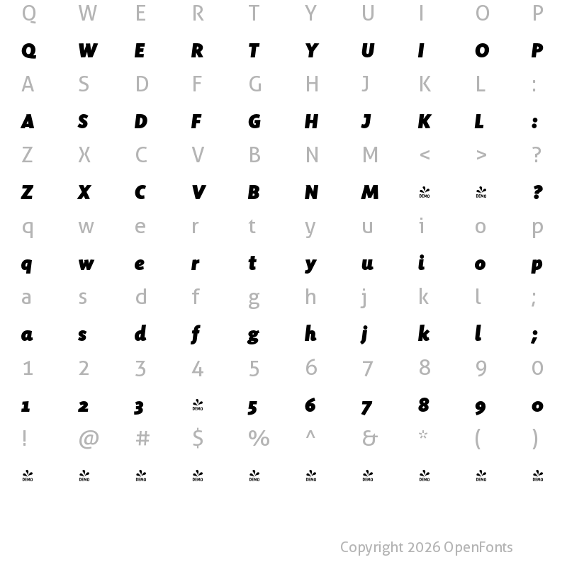 Character Map of FONTSPRING DEMO - Sensibility Black Italic Regular