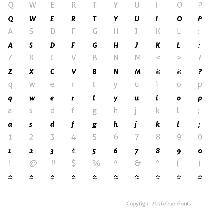 Character Map of FONTSPRING DEMO - Sensibility Bold Italic Regular