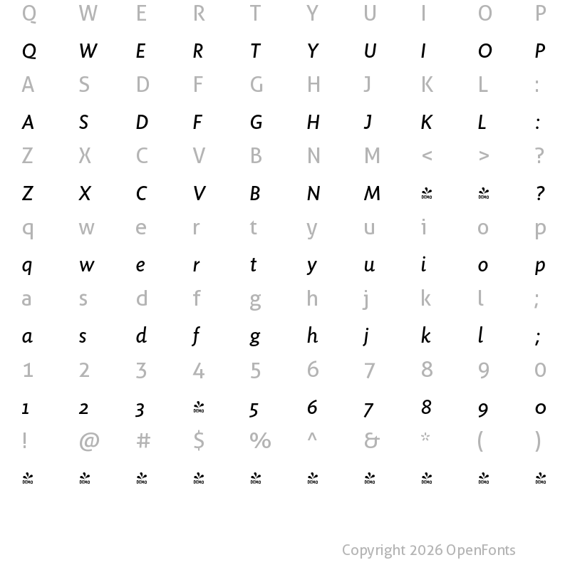 Character Map of FONTSPRING DEMO - Sensibility Regular Italic Regular