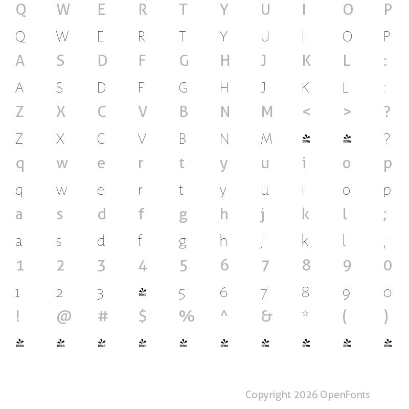 Character Map of FONTSPRING DEMO - Sensibility Thin Regular