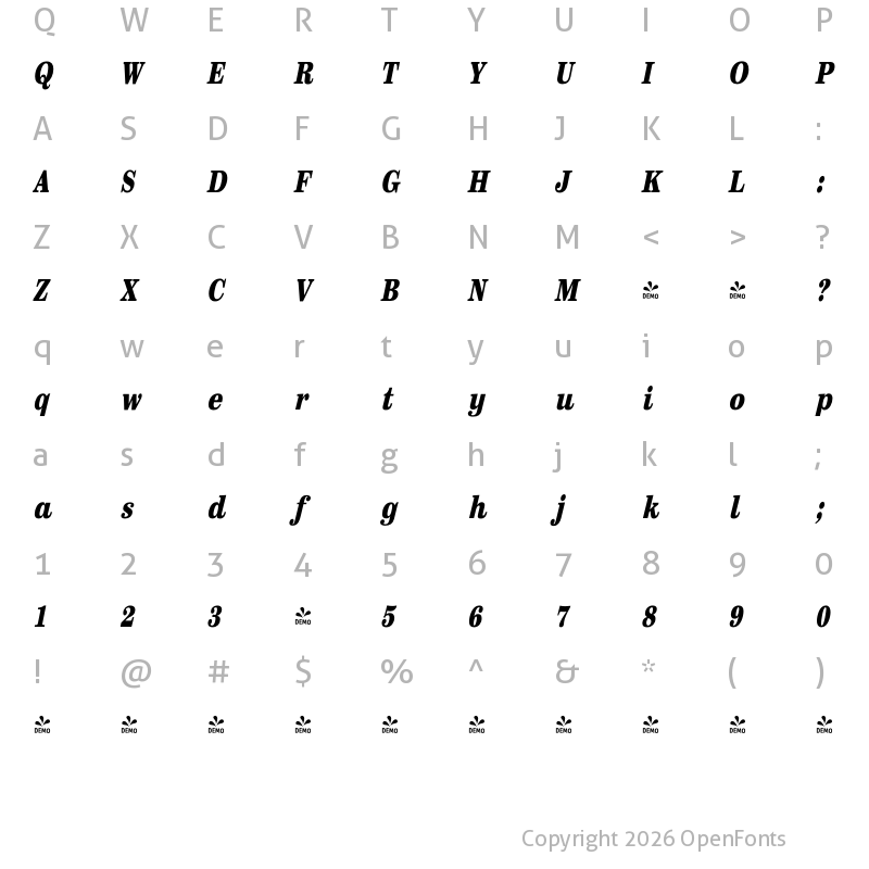 Character Map of FONTSPRING DEMO - Sentry Condensed Black Italic