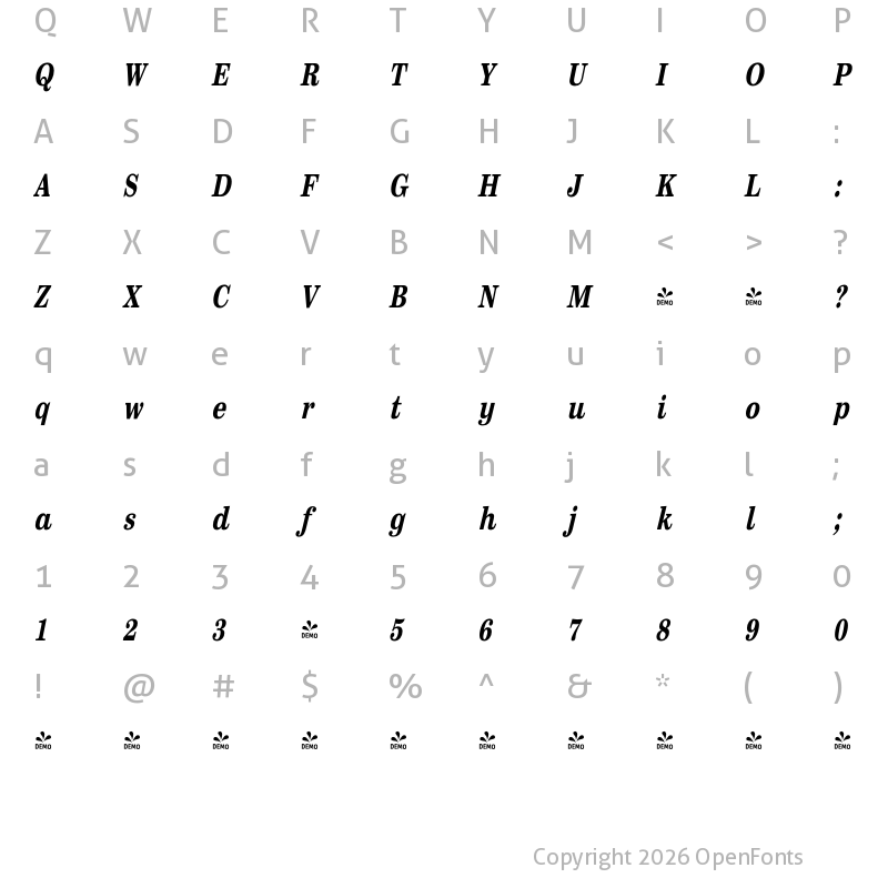 Character Map of FONTSPRING DEMO - Sentry Condensed ExtraBold Italic