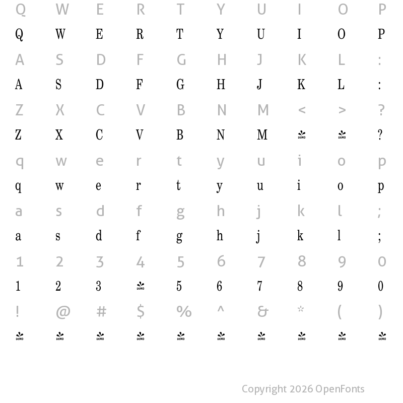 Character Map of FONTSPRING DEMO - Sentry Condensed Regular