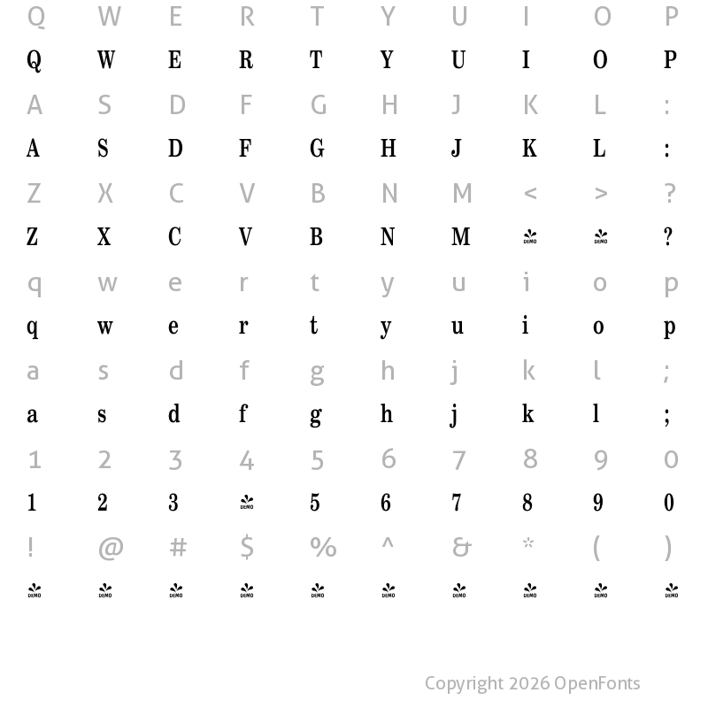 Character Map of FONTSPRING DEMO - Sentry Condensed SemiBold Regular