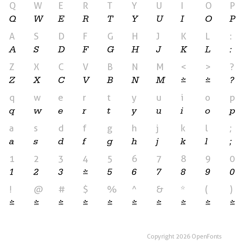 Character Map of FONTSPRING DEMO - Serifa Italic