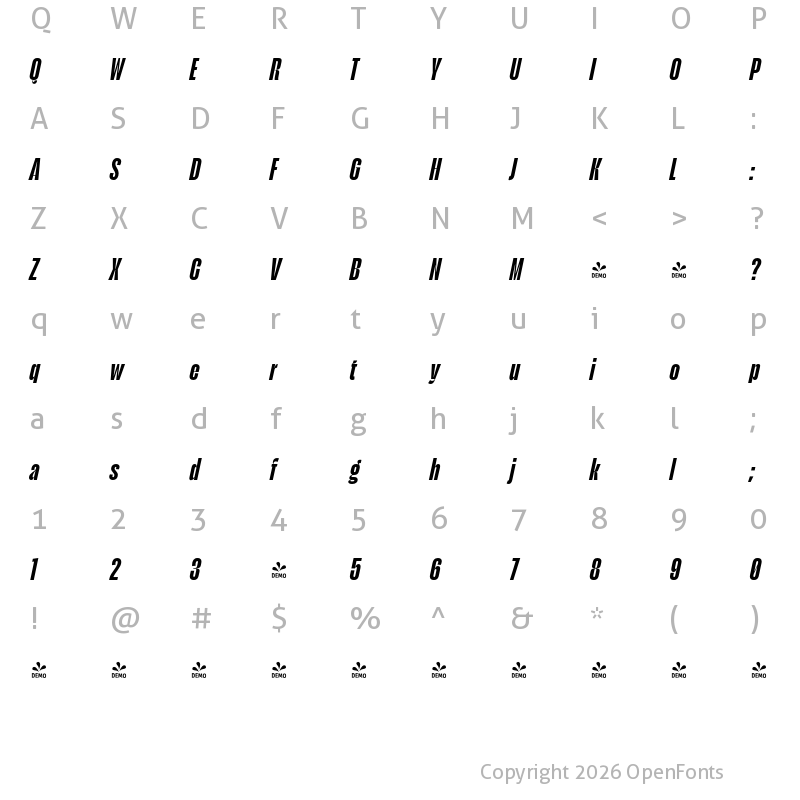 Character Map of FONTSPRING DEMO - Seriguela Display Bold It Regular