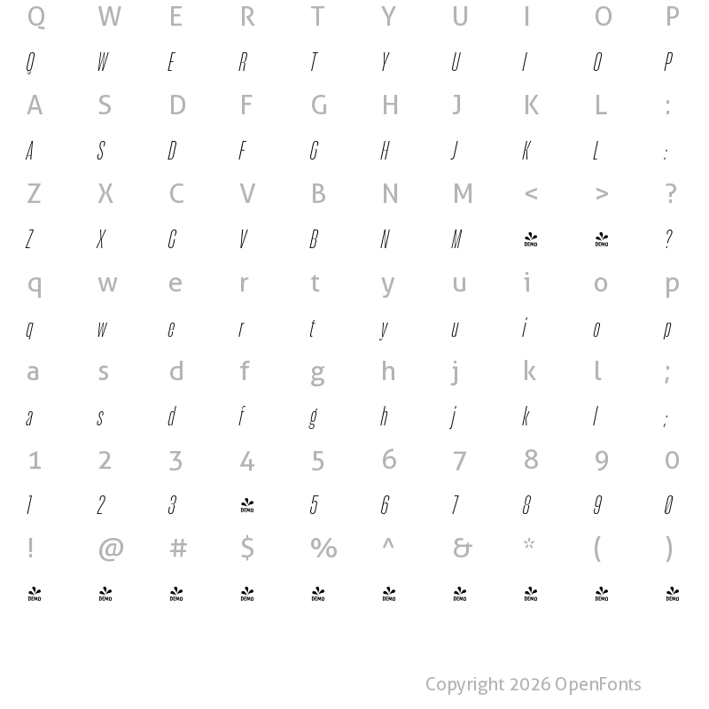 Character Map of FONTSPRING DEMO - Seriguela Display Light It Regular