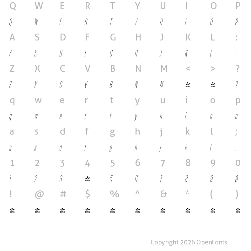 Character Map of FONTSPRING DEMO - Seriguela ExLight It Regular