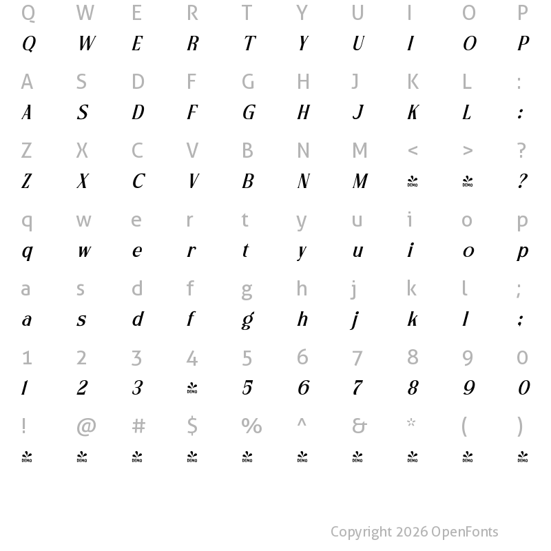 Character Map of FONTSPRING DEMO - Servegin Italic