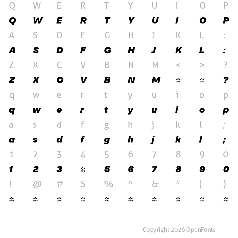 Character Map of FONTSPRING DEMO - SFT Schrifted Sans Black Italic
