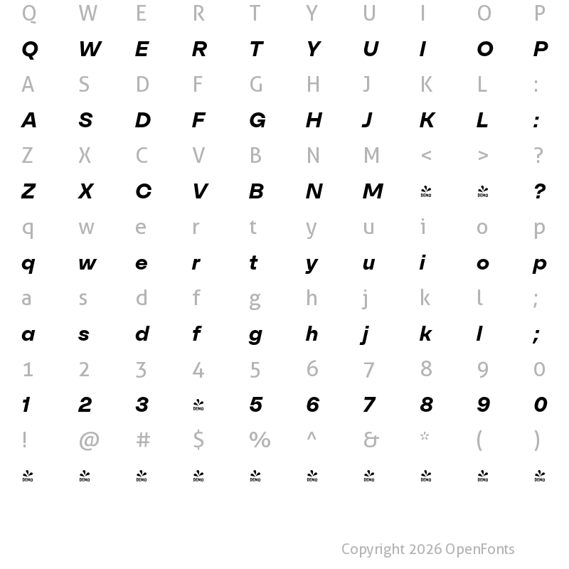 Character Map of FONTSPRING DEMO - SFT Schrifted Sans Bold Italic