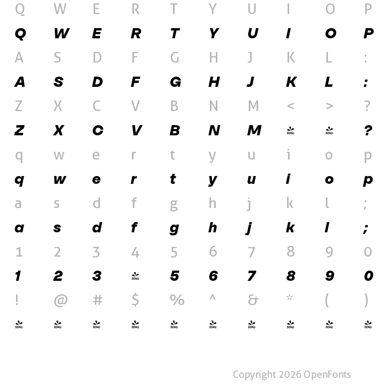 Character Map of FONTSPRING DEMO - SFT Schrifted Sans ExtraBold Italic