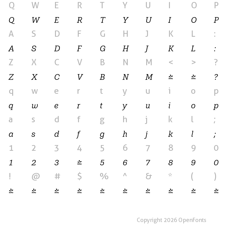 Character Map of FONTSPRING DEMO - Shandon Slab Book Italic