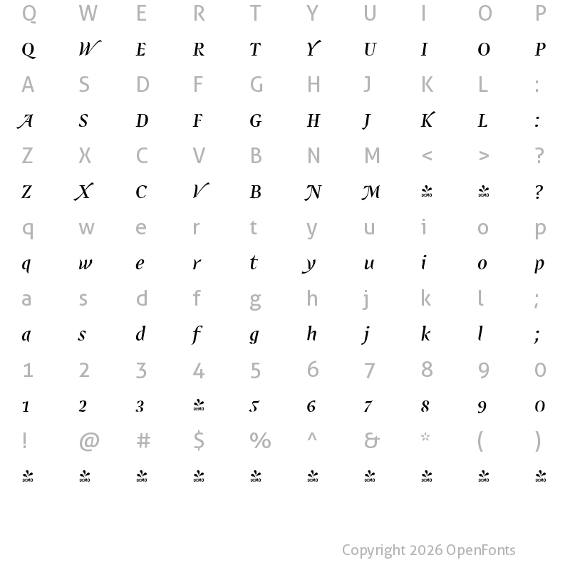 Character Map of FONTSPRING DEMO - Shapa JY Italic