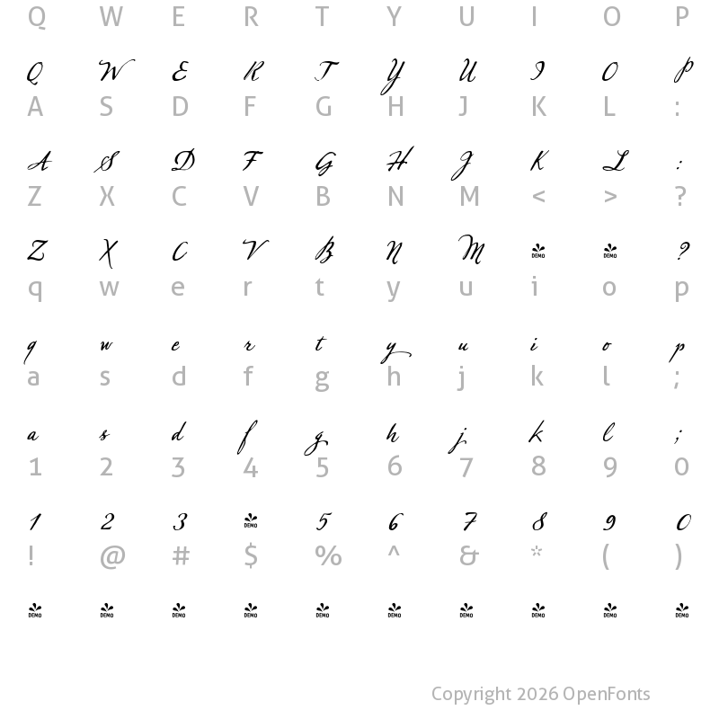 Character Map of FONTSPRING DEMO - Sherlock-Script1 Regular