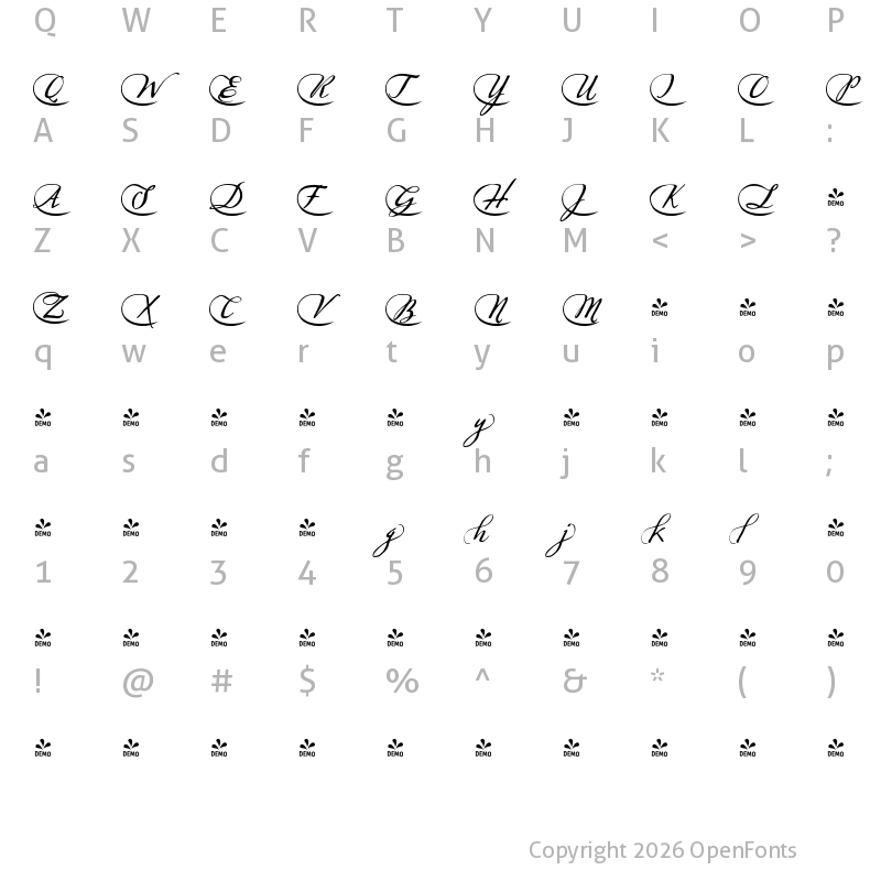 Character Map of FONTSPRING DEMO - Sherlock-Script5 Regular