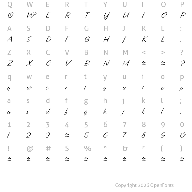 Character Map of FONTSPRING DEMO - Shire Script Regular