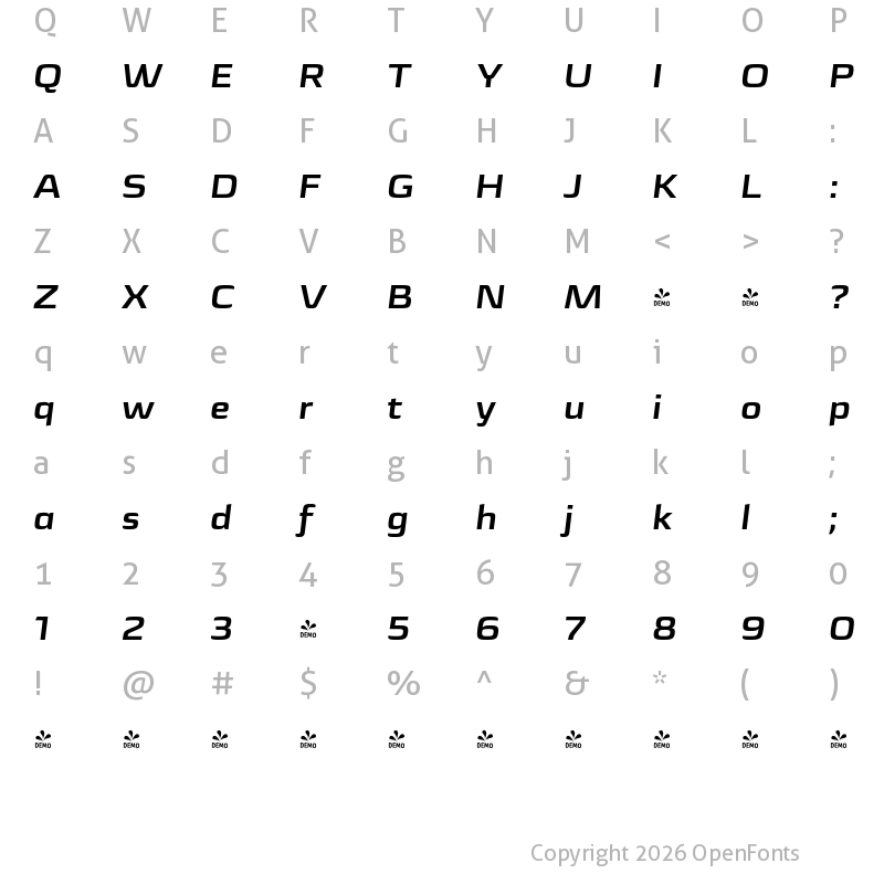 Character Map of FONTSPRING DEMO - Sica Expanded Bold Italic