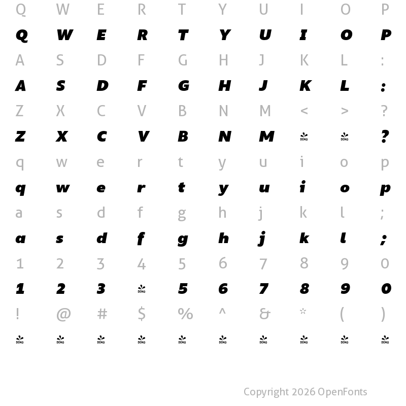 Character Map of FONTSPRING DEMO - Silta Heavy Italic Regular