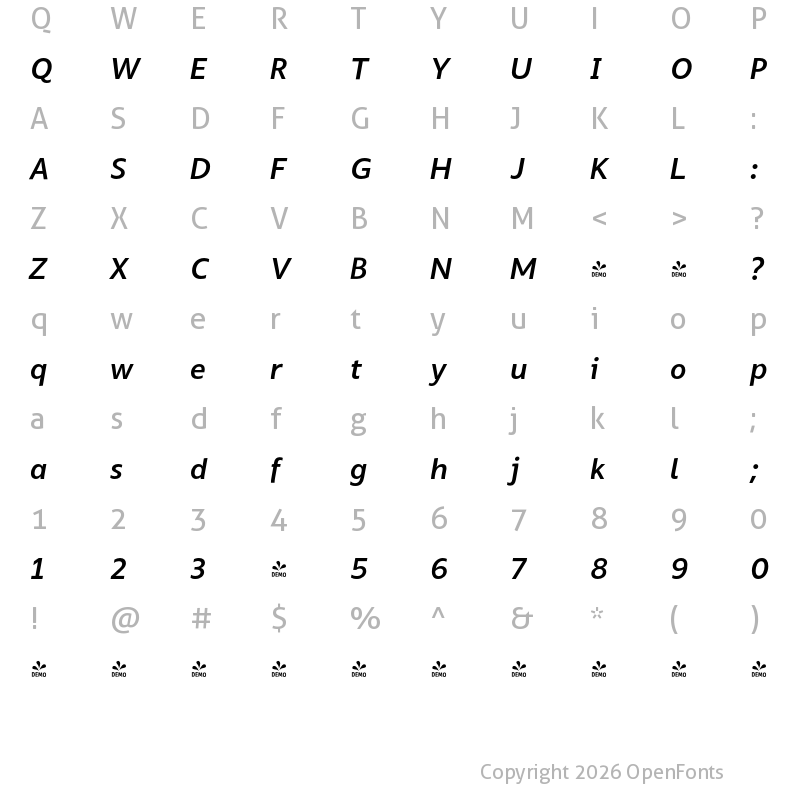 Character Map of FONTSPRING DEMO - Silta Medium Italic Regular