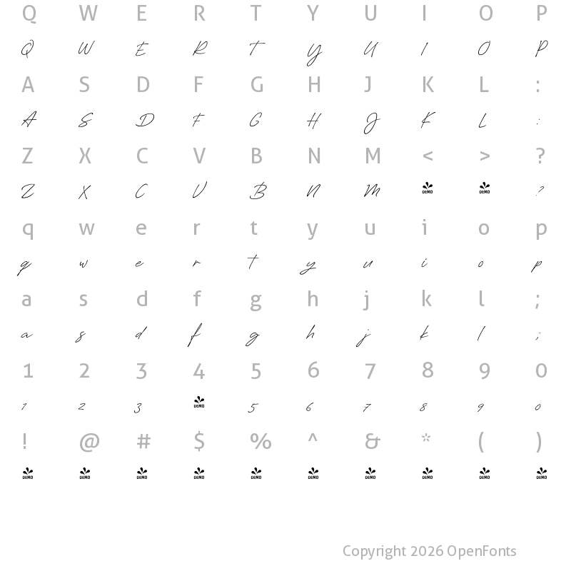 Character Map of FONTSPRING DEMO - Silverline Script Regular