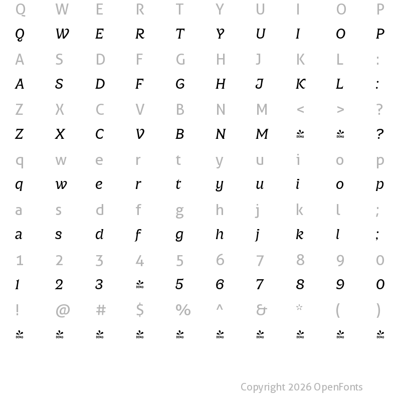 Character Map of FONTSPRING DEMO - Silverspoon Light Italic