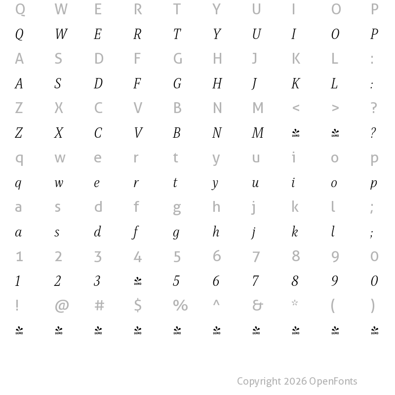 Character Map of FONTSPRING DEMO - Singel Book Italic